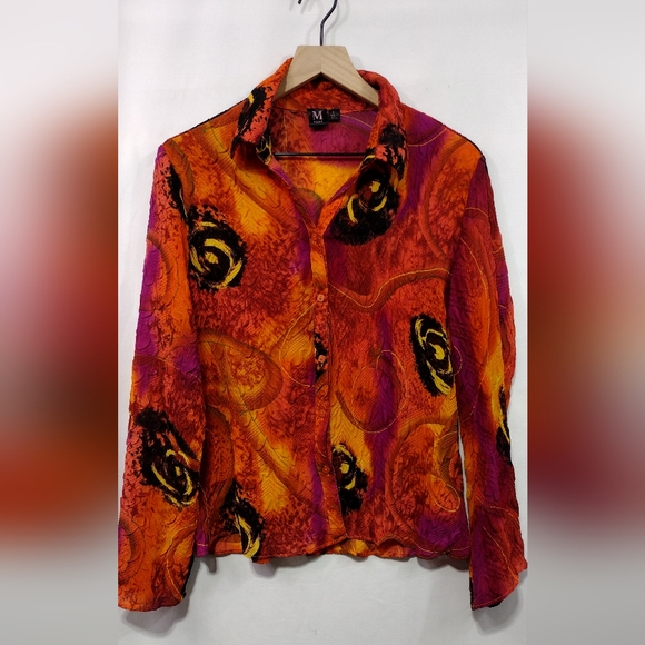 Milano Tops - Milano Floral Tie Dye Button Shirt Womens L Orange Black Artsy Grunge Rockabilly